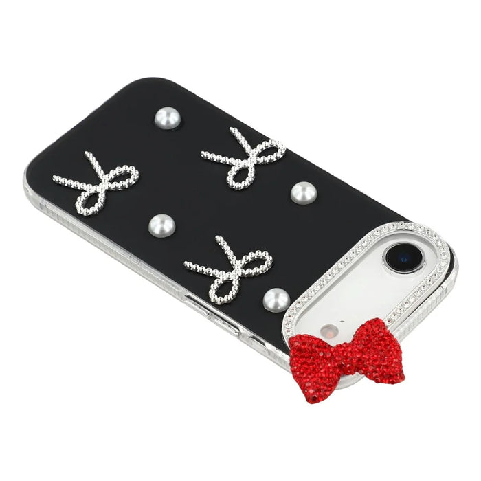 For iPhone Air Case Pearl Bow Decor PC + TPU IMD Phone Cover with Rhinestone Camera Ring - Classic Black - 4
