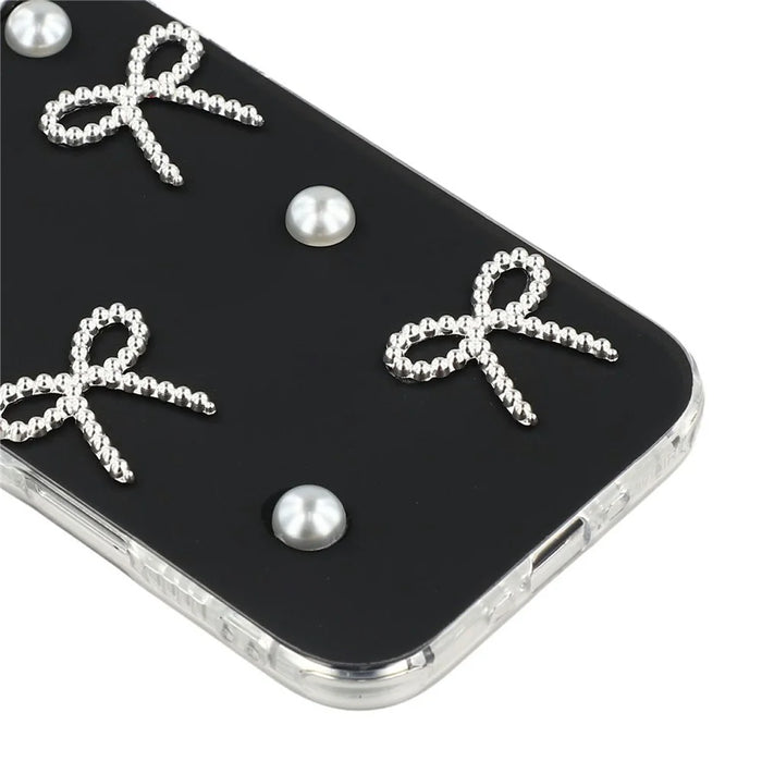 For iPhone Air Case Pearl Bow Decor PC + TPU IMD Phone Cover with Rhinestone Camera Ring - Classic Black - 5