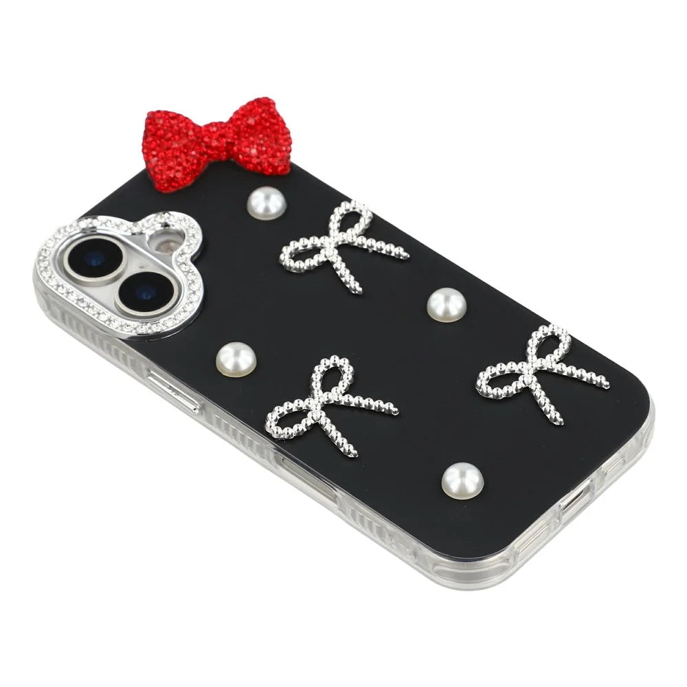 For iPhone 17 Case Pearl Bow Decor PC + TPU IMD Phone Cover with Rhinestone Camera Ring - Classic Black - 4