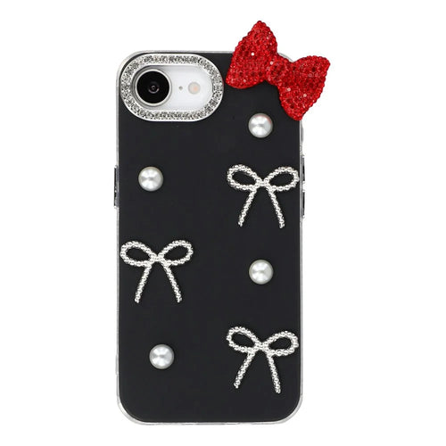 For iPhone 17e / 16e Case Faux Pearl Bow Decor IMD PC+TPU Phone Cover with Rhinestone Camera Frame - Classic Black - 1