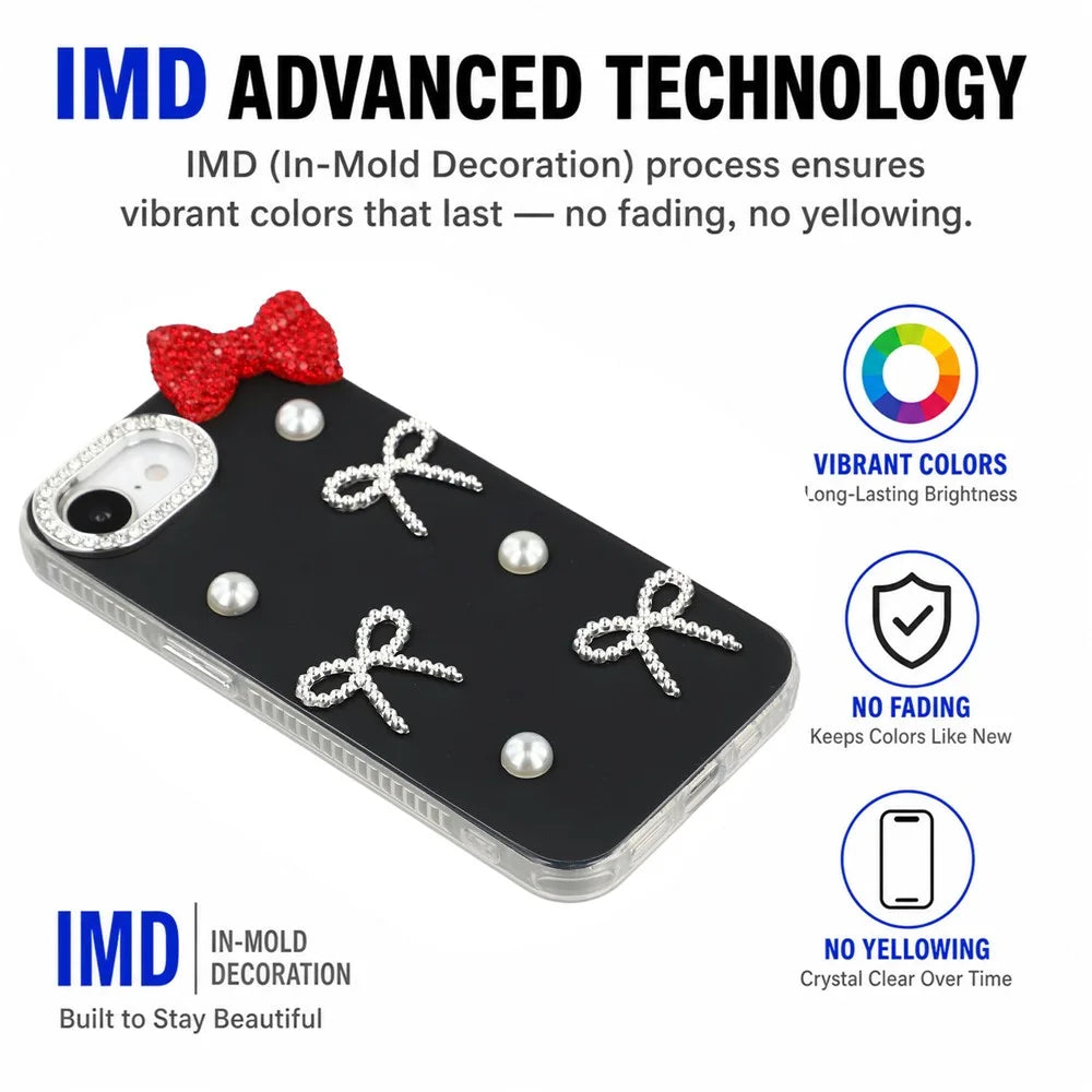 For iPhone 17e / 16e Case Faux Pearl Bow Decor IMD PC+TPU Phone Cover with Rhinestone Camera Frame - Classic Black - 2