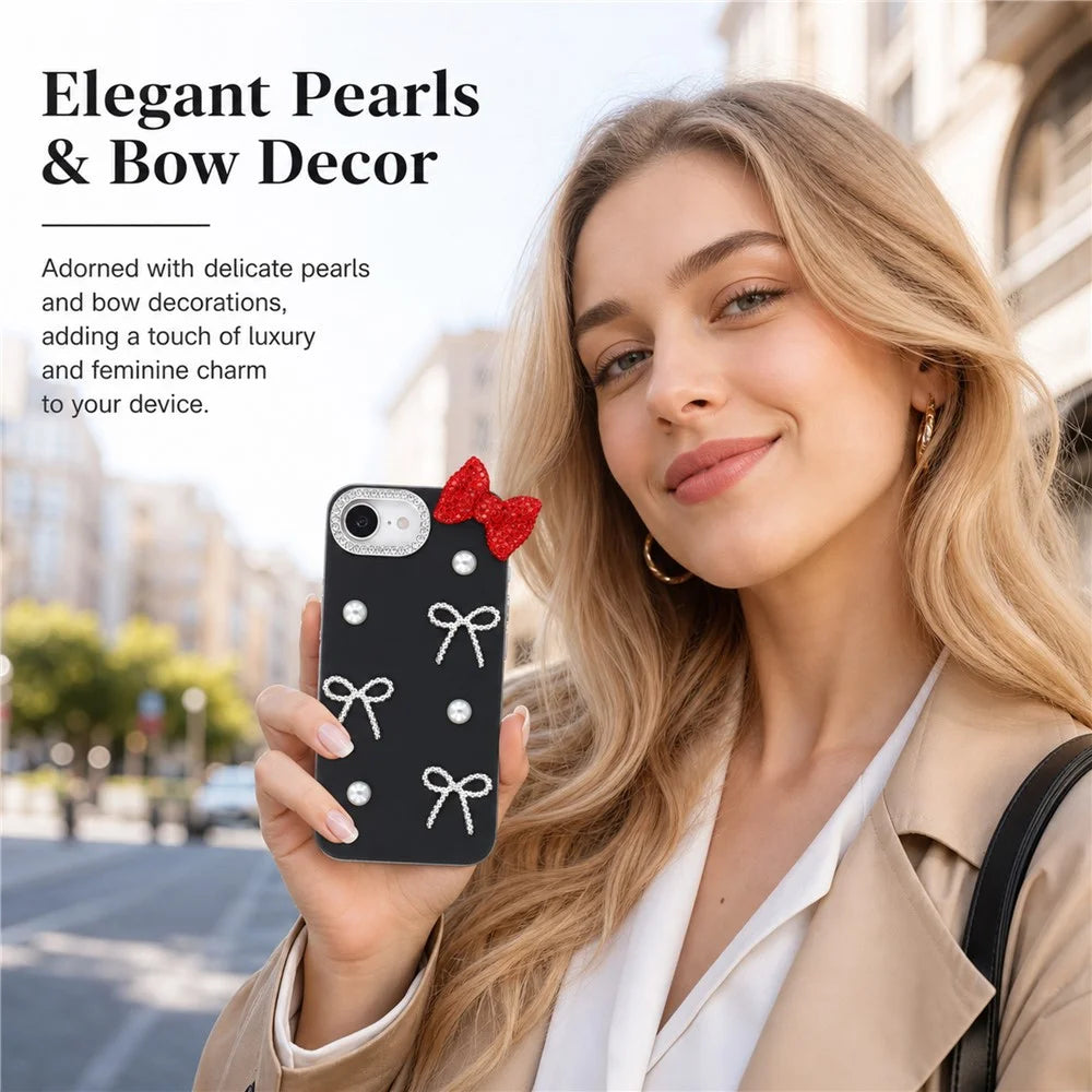 For iPhone 17e / 16e Case Faux Pearl Bow Decor IMD PC+TPU Phone Cover with Rhinestone Camera Frame - Classic Black - 4