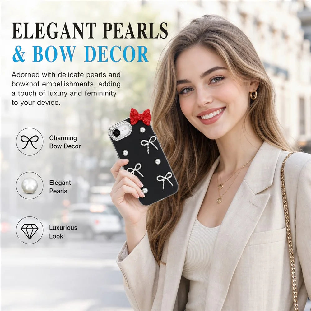 For iPhone 17e / 16e Case Faux Pearl Bow Decor IMD PC+TPU Phone Cover with Rhinestone Camera Frame - Classic Black - 5