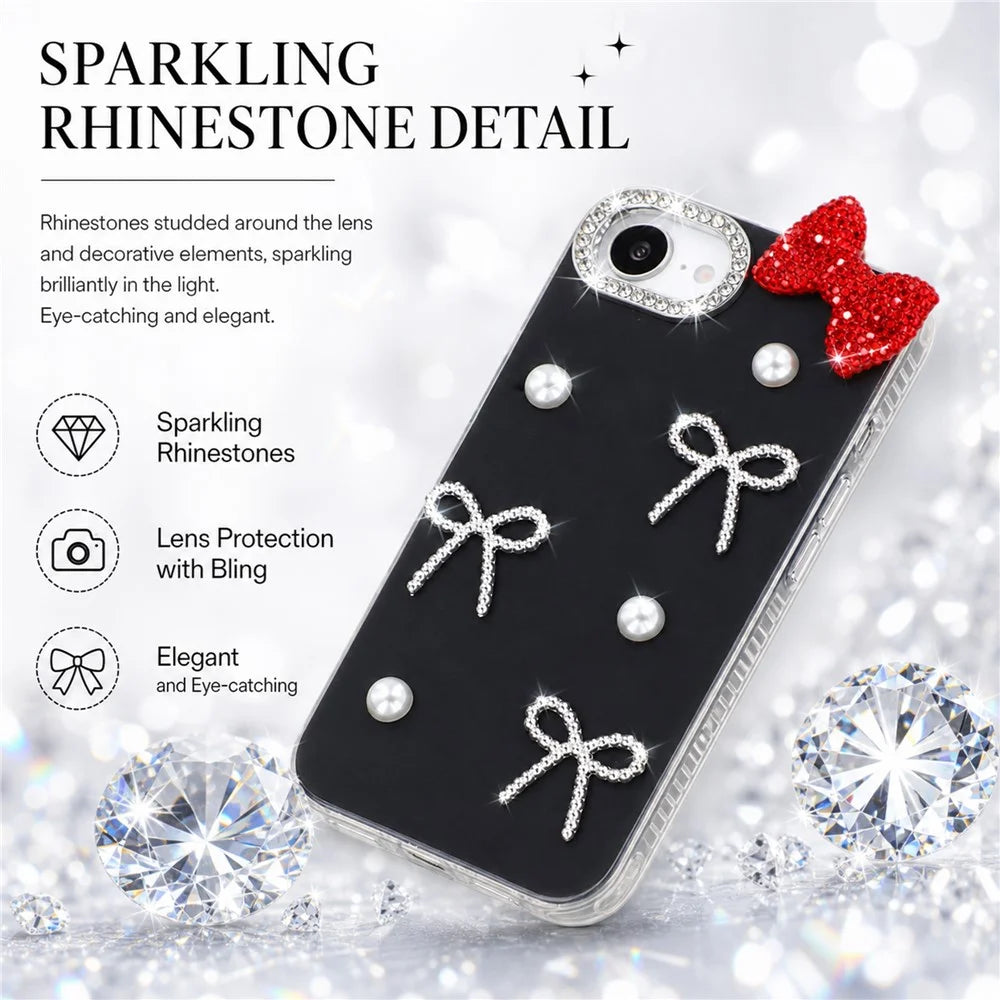 For iPhone 17e / 16e Case Faux Pearl Bow Decor IMD PC+TPU Phone Cover with Rhinestone Camera Frame - Classic Black - 6