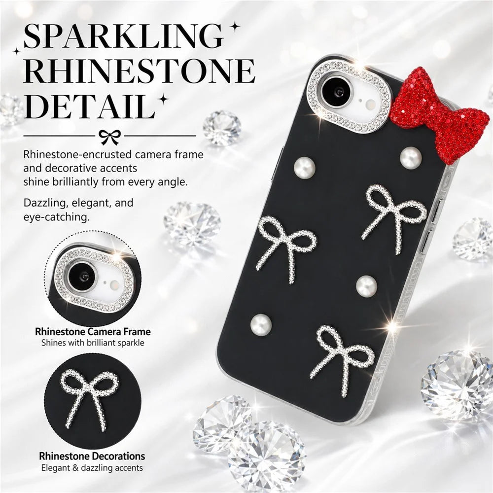 For iPhone 17e / 16e Case Faux Pearl Bow Decor IMD PC+TPU Phone Cover with Rhinestone Camera Frame - Classic Black - 7