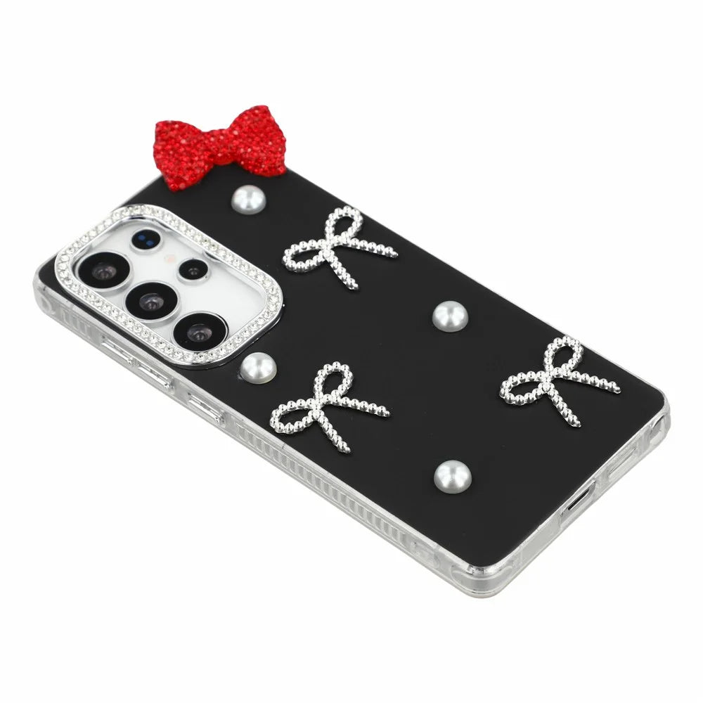 For Samsung Galaxy S25 Ultra Case Pearl Bow Decor PC + TPU IMD Phone Cover with Rhinestone Camera Ring - Classic Black - 3