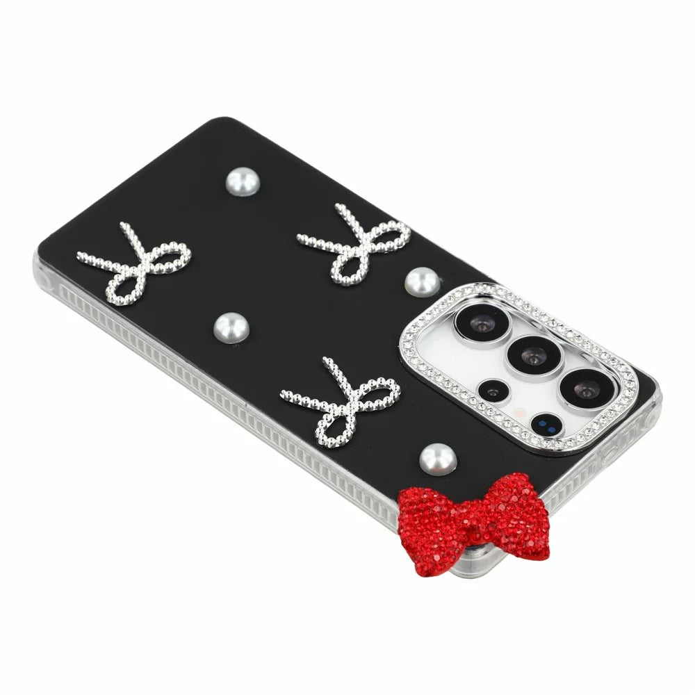 For Samsung Galaxy S25 Ultra Case Pearl Bow Decor PC + TPU IMD Phone Cover with Rhinestone Camera Ring - Classic Black - 4