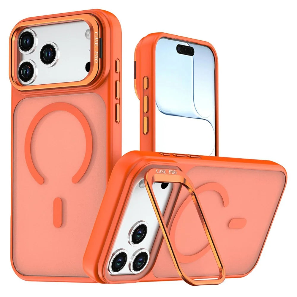 For iPhone 18 Pro / 17 Pro Magnetic Case Foldable Kickstand Matte PC + TPU Phone Cover - Orange - 1
