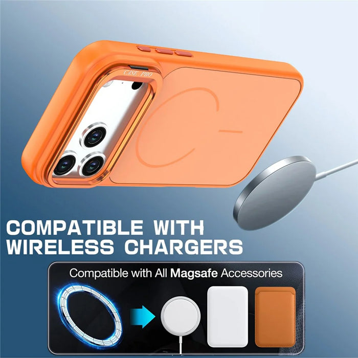 For iPhone 18 Pro / 17 Pro Case Skin-touch PC + TPU Magnetic Phone Cover with Lens Frame Kickstand - Orange - 4