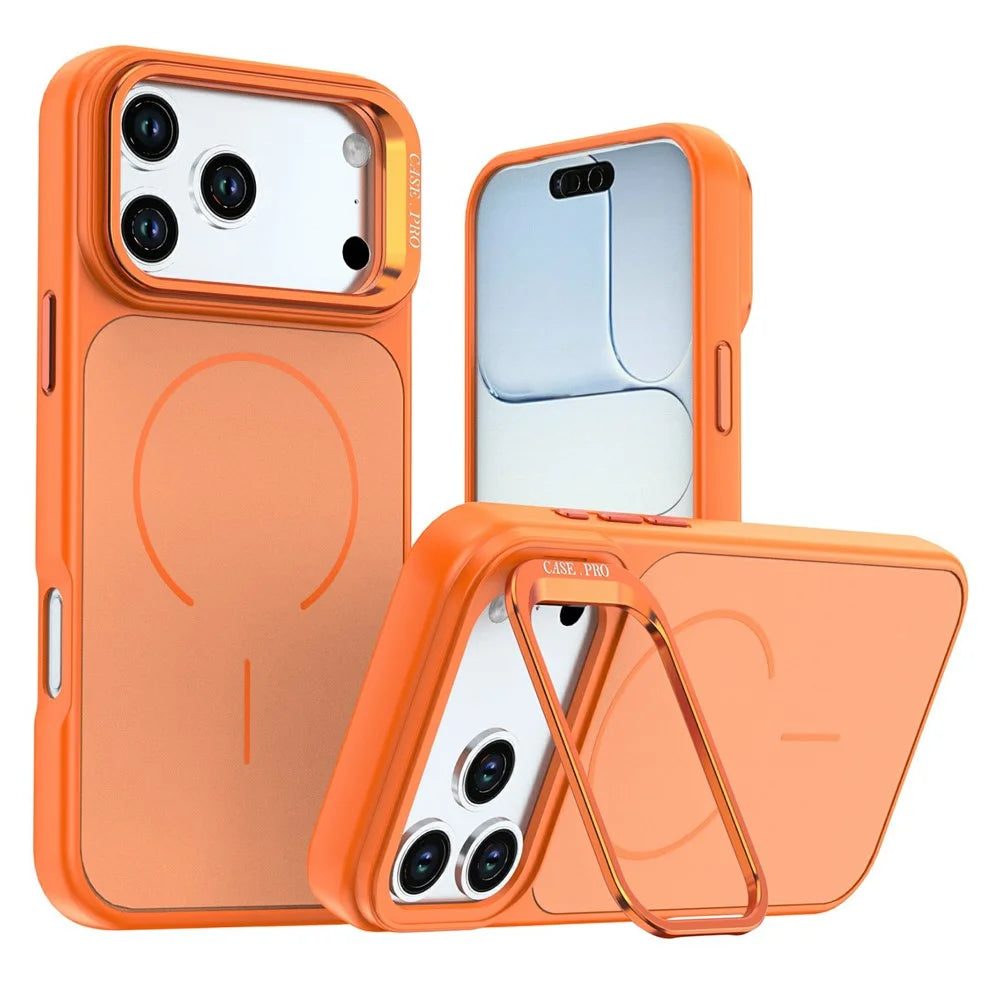 For iPhone 18 Pro Max / 17 Pro Max Case Skin-touch PC + TPU Magnetic Phone Cover with Lens Frame Kickstand - Orange - 1