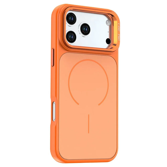 For iPhone 18 Pro Max / 17 Pro Max Case Skin-touch PC + TPU Magnetic Phone Cover with Lens Frame Kickstand - Orange - 2
