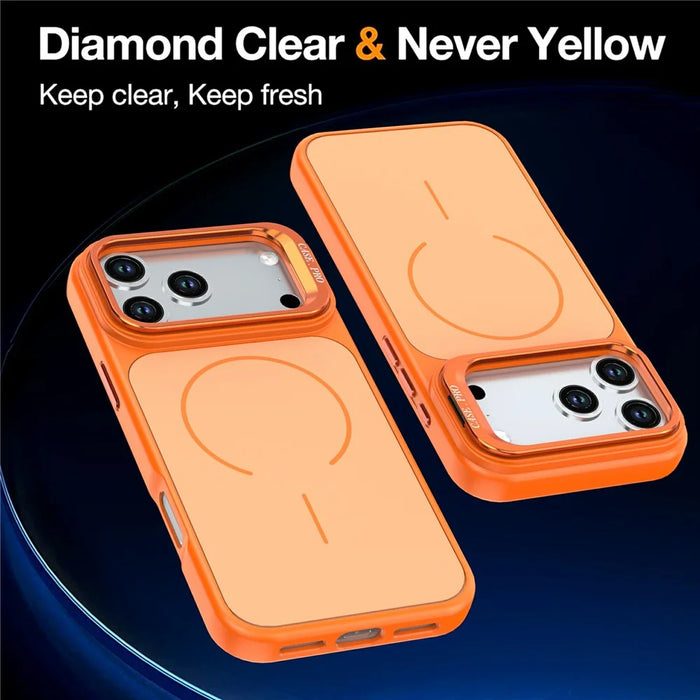 For iPhone 18 Pro Max / 17 Pro Max Case Skin-touch PC + TPU Magnetic Phone Cover with Lens Frame Kickstand - Orange - 3