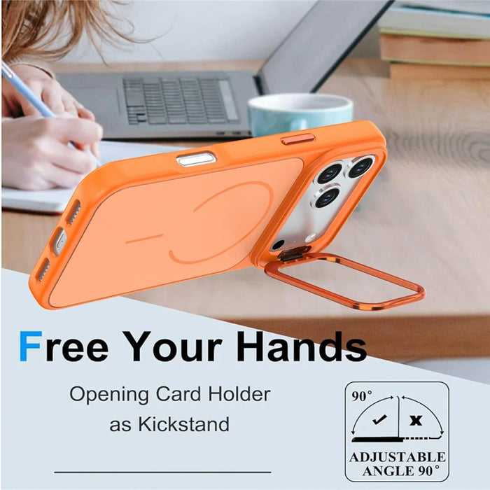 For iPhone 18 Pro Max / 17 Pro Max Case Skin-touch PC + TPU Magnetic Phone Cover with Lens Frame Kickstand - Orange - 5