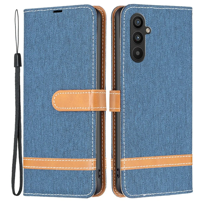 For Samsung Galaxy A34 5G Case Jeans Cloth Texture Leather Wallet Mobile Cover with Stand - Navy Blue - 1
