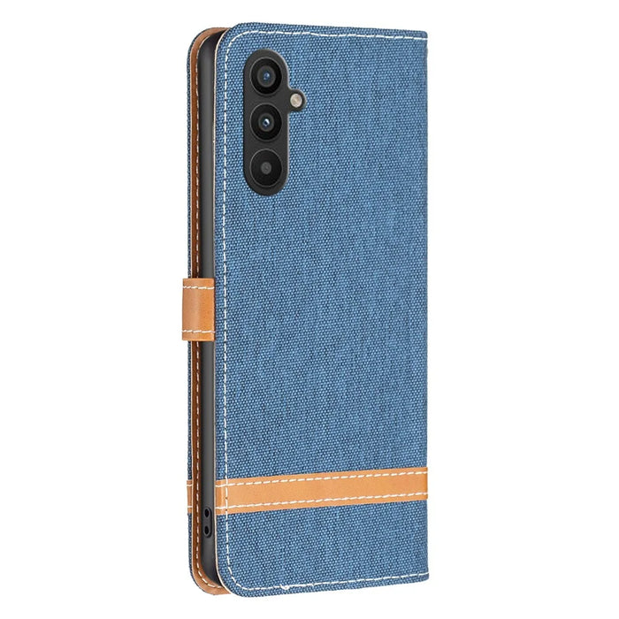For Samsung Galaxy A34 5G Case Jeans Cloth Texture Leather Wallet Mobile Cover with Stand - Navy Blue - 6