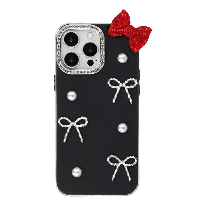 For iPhone 16 Pro Case Pearl Bow Decor PC + TPU IMD Phone Cover with Rhinestone Camera Ring - Classic Black - 1