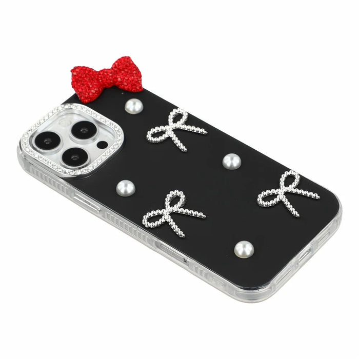 For iPhone 16 Pro Case Pearl Bow Decor PC + TPU IMD Phone Cover with Rhinestone Camera Ring - Classic Black - 4