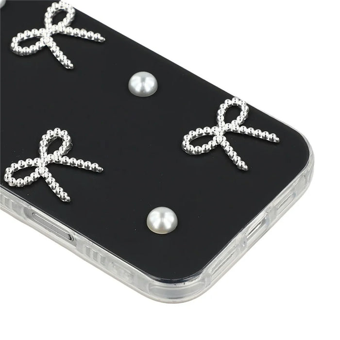 For iPhone 16 Pro Case Pearl Bow Decor PC + TPU IMD Phone Cover with Rhinestone Camera Ring - Classic Black - 6
