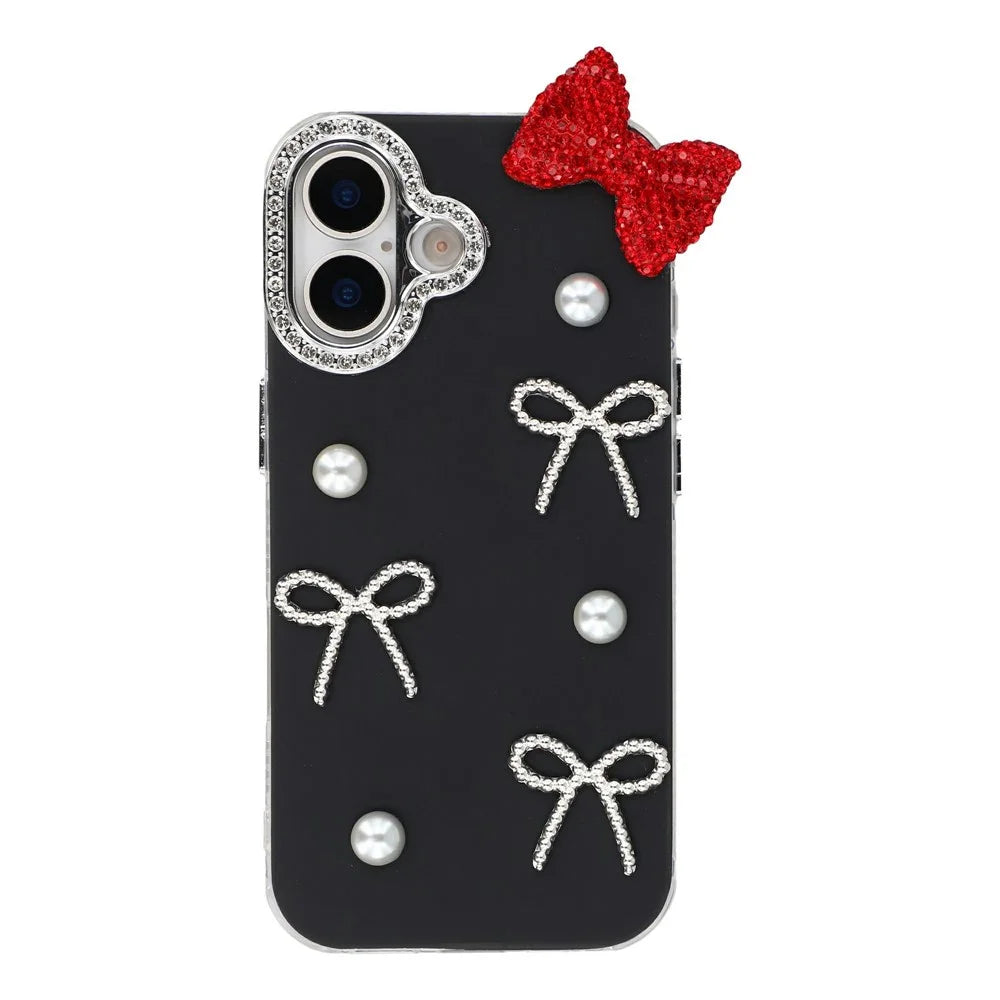 For iPhone 16 Plus Case Pearl Bow Decor PC + TPU IMD Phone Cover with Rhinestone Camera Ring - Classic Black - 1