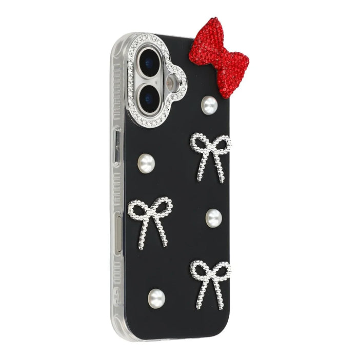 For iPhone 16 Plus Case Pearl Bow Decor PC + TPU IMD Phone Cover with Rhinestone Camera Ring - Classic Black - 2