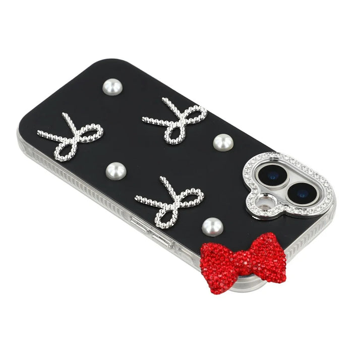 For iPhone 16 Plus Case Pearl Bow Decor PC + TPU IMD Phone Cover with Rhinestone Camera Ring - Classic Black - 3