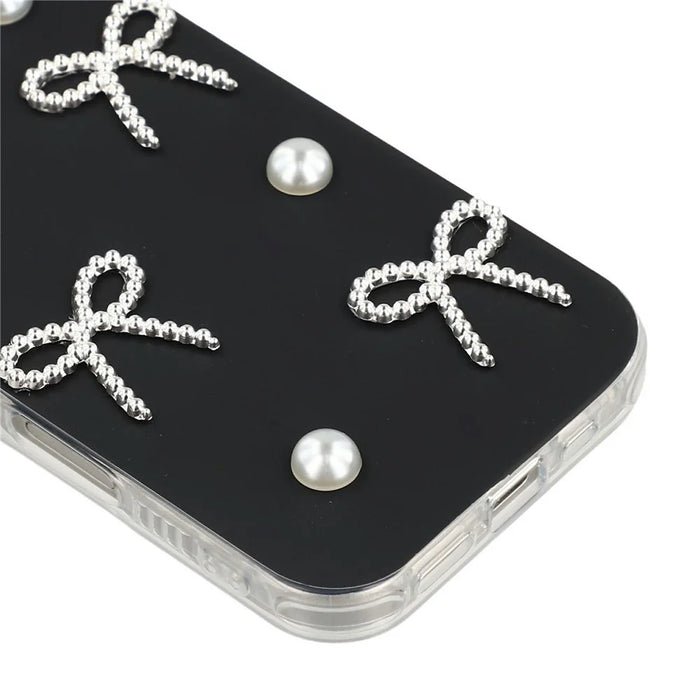 For iPhone 16 Plus Case Pearl Bow Decor PC + TPU IMD Phone Cover with Rhinestone Camera Ring - Classic Black - 5