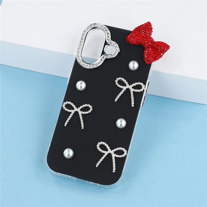 For iPhone 16 Plus Case Pearl Bow Decor PC + TPU IMD Phone Cover with Rhinestone Camera Ring - Classic Black - 6