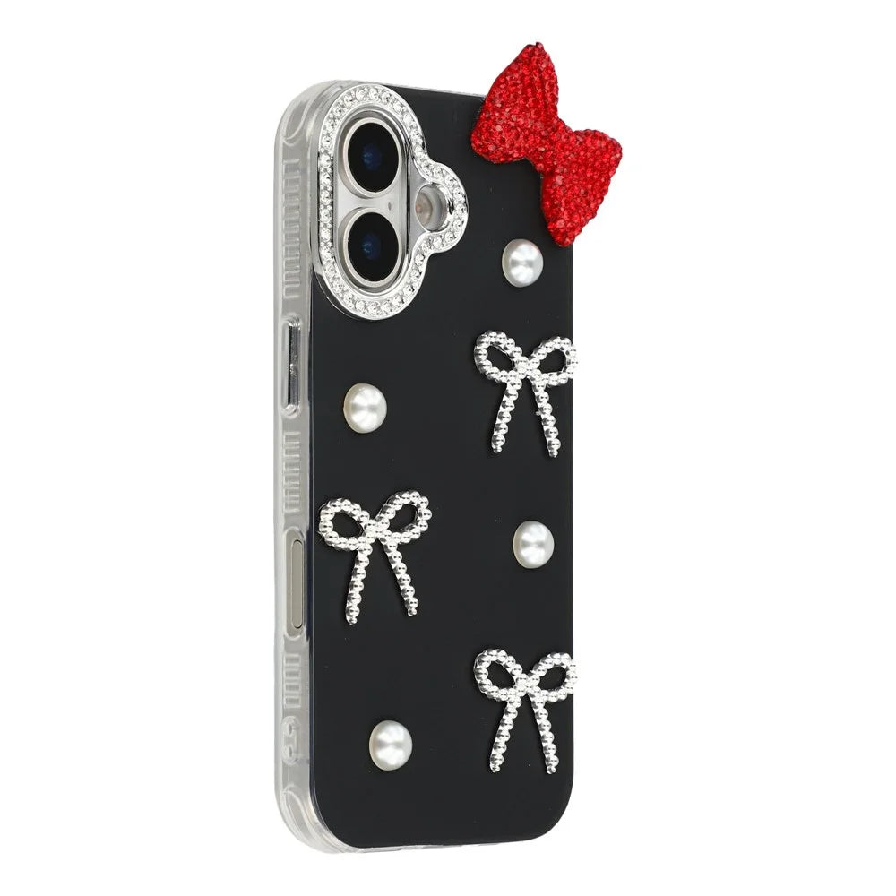 For iPhone 16 Case Pearl Bow Decor PC + TPU IMD Phone Cover with Rhinestone Camera Ring - Classic Black - 2