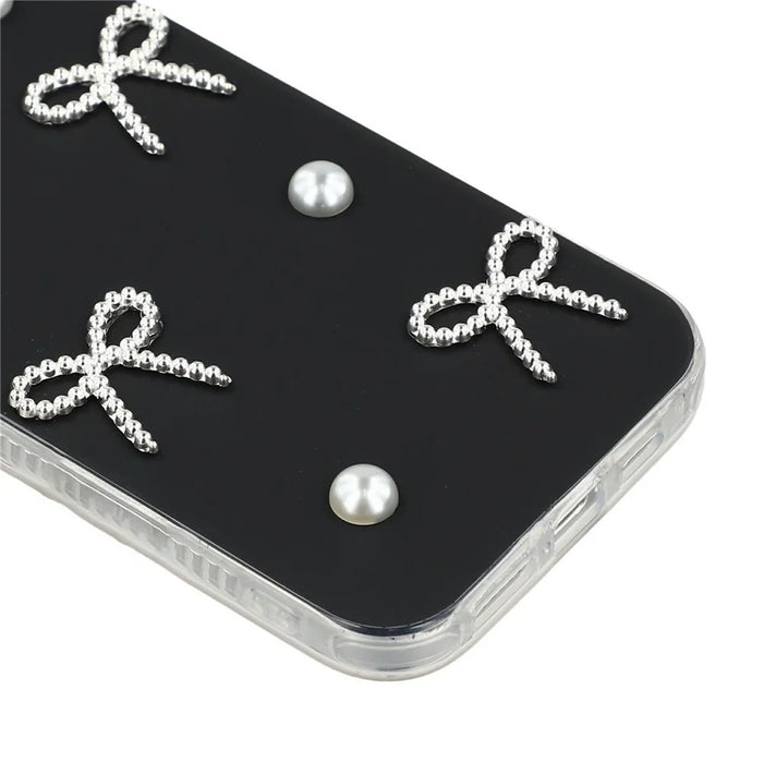For iPhone 15 Pro Case Pearl Bow Decor PC + TPU IMD Phone Cover with Rhinestone Camera Ring - Classic Black - 6