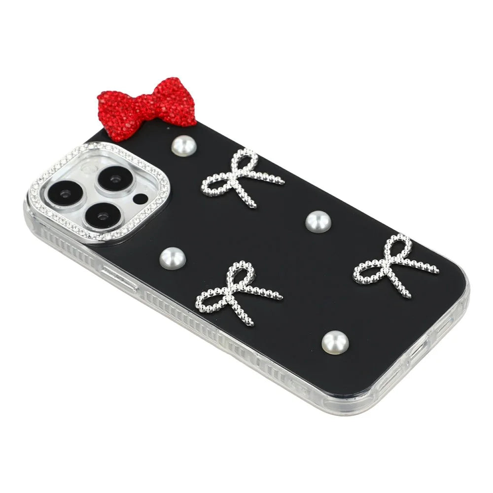 For iPhone 14 Pro Max Case Pearl Bow Decor PC + TPU IMD Phone Cover with Rhinestone Camera Ring - Classic Black - 4