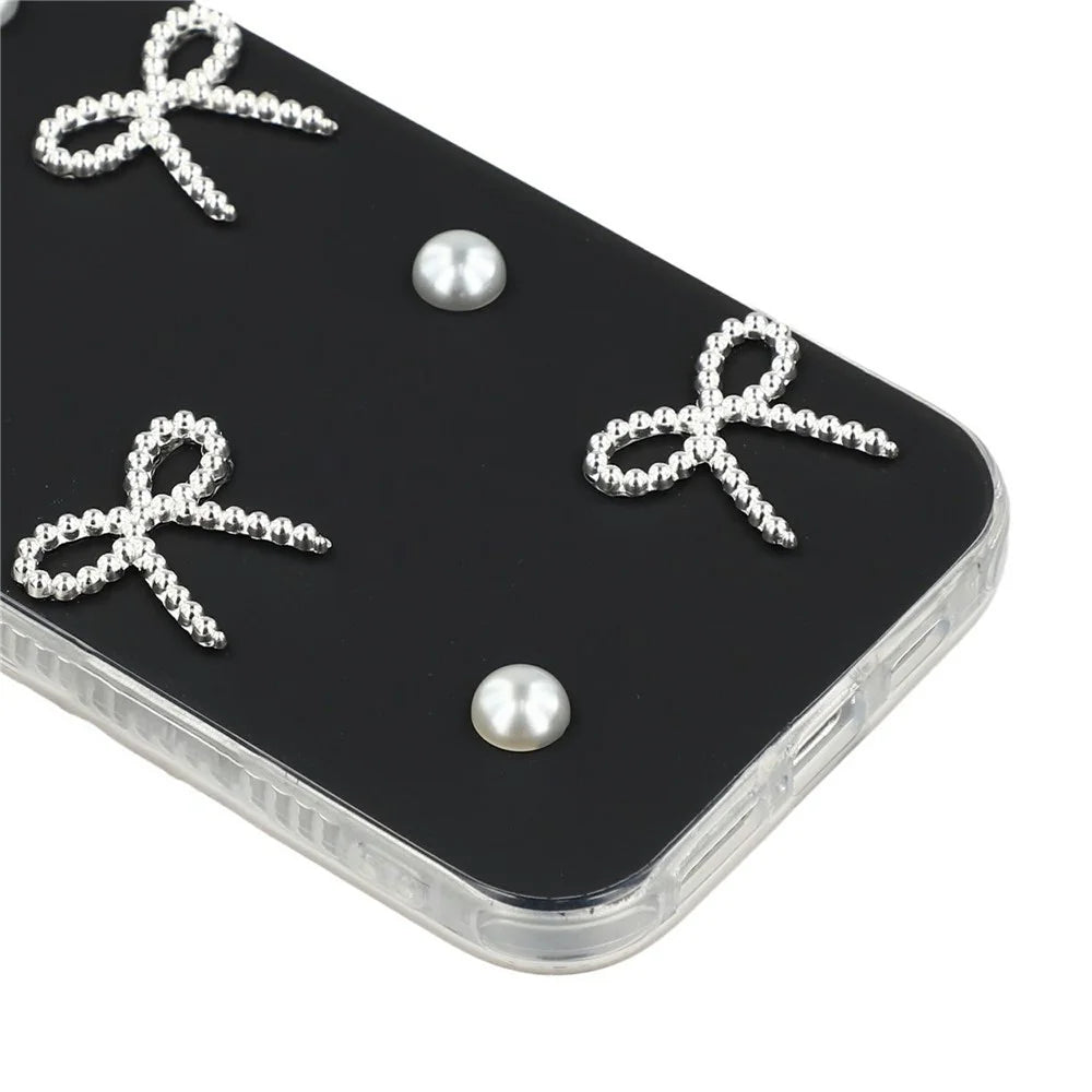 For iPhone 14 Pro Max Case Pearl Bow Decor PC + TPU IMD Phone Cover with Rhinestone Camera Ring - Classic Black - 6