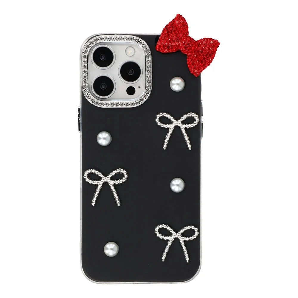 For iPhone 14 Pro Case Pearl Bow Decor PC + TPU IMD Phone Cover with Rhinestone Camera Ring - Classic Black - 1