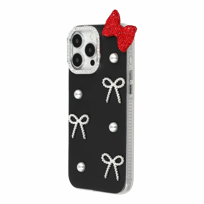 For iPhone 14 Pro Case Pearl Bow Decor PC + TPU IMD Phone Cover with Rhinestone Camera Ring - Classic Black - 3