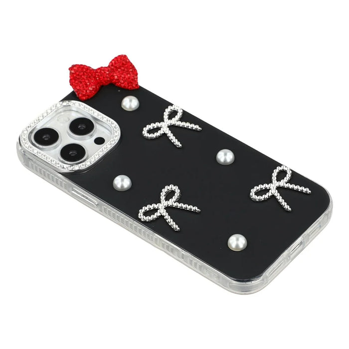 For iPhone 14 Pro Case Pearl Bow Decor PC + TPU IMD Phone Cover with Rhinestone Camera Ring - Classic Black - 4