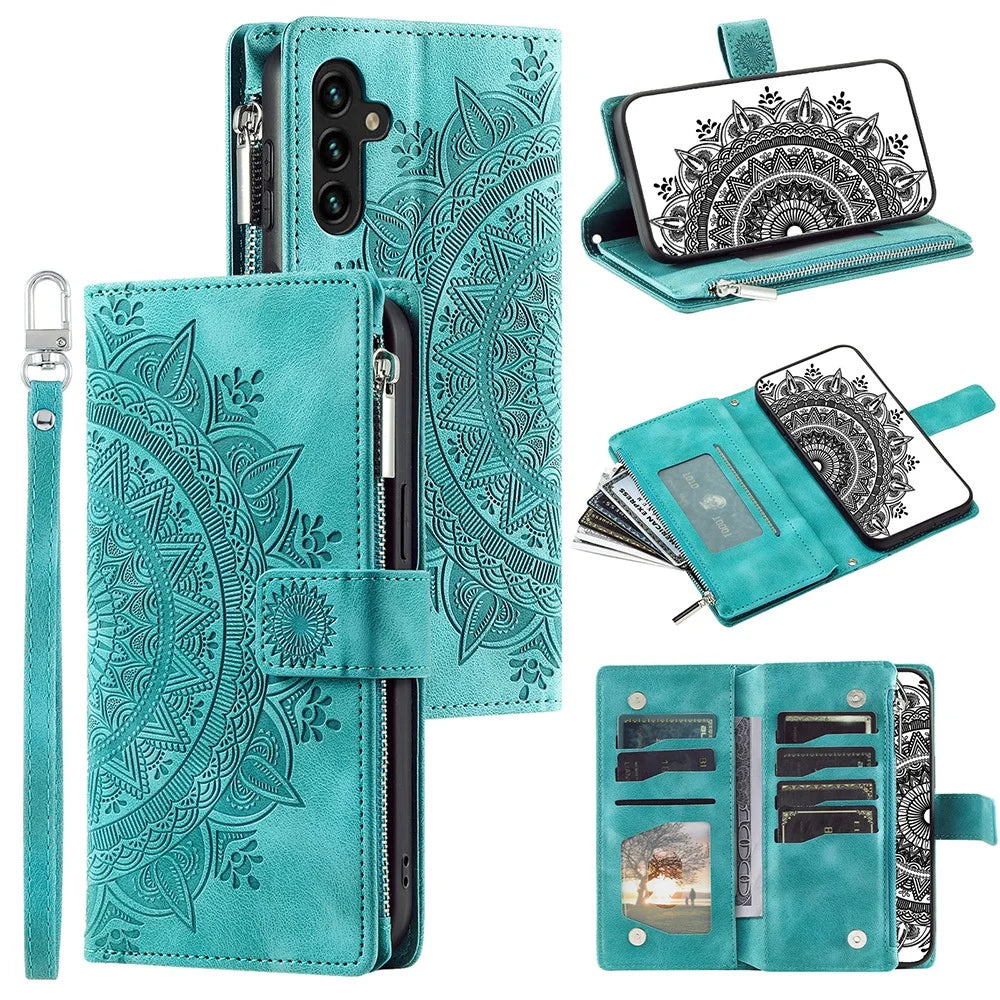For Samsung Galaxy A54 5G PU Leather Mandala Flower Imprinted Handbag Zipper Pocket Case Stand Multiple Card Slots Flip Cover with Strap - Green - 1