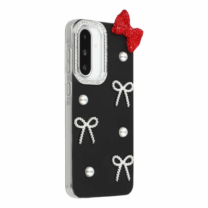 For Samsung Galaxy S25 Case Pearl Bow Decor PC + TPU IMD Phone Cover with Rhinestone Camera Ring - Classic Black - 2