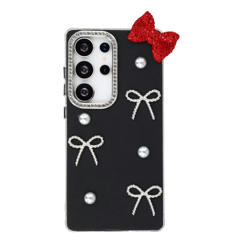 For Samsung Galaxy S24 Ultra Case Pearl Bow Decor PC + TPU IMD Phone Cover with Rhinestone Camera Ring - Classic Black - 1
