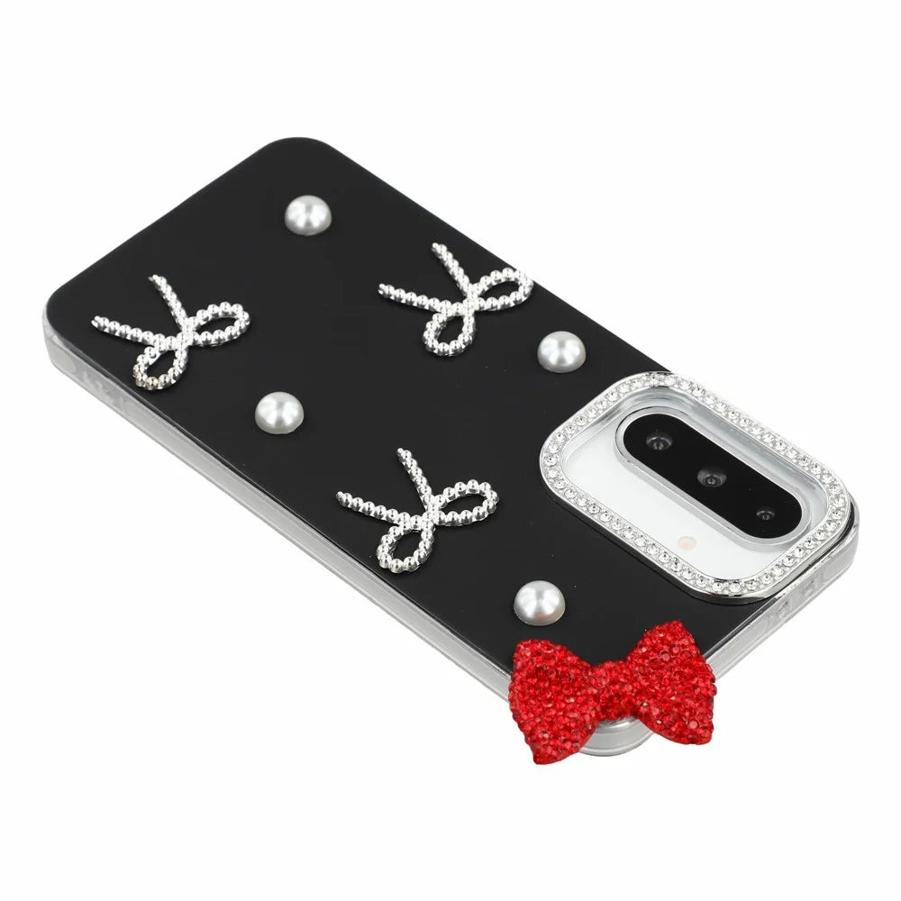 For Samsung Galaxy S24 Case Pearl Bow Decor PC + TPU IMD Phone Cover with Rhinestone Camera Ring - Classic Black - 4