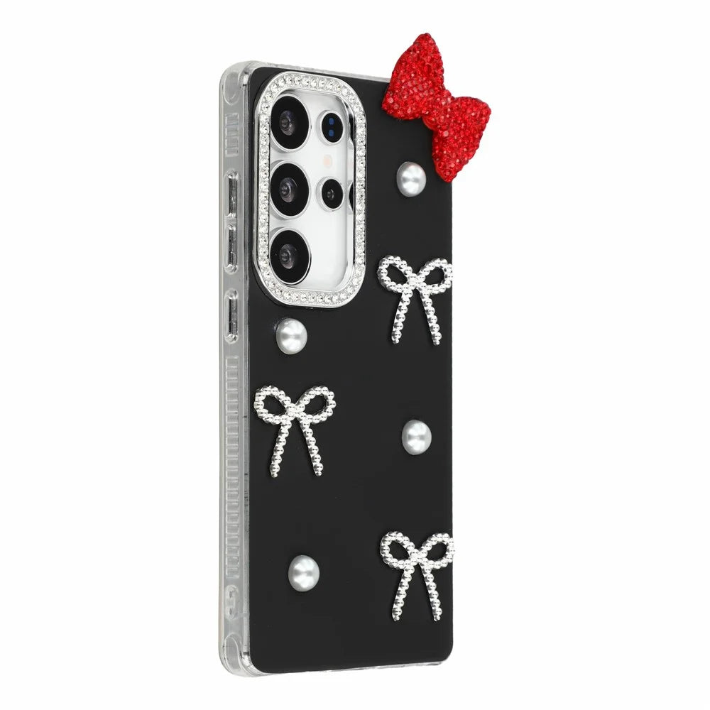 For Samsung Galaxy S23 Ultra Case Pearl Bow Decor PC + TPU IMD Phone Cover with Rhinestone Camera Ring - Classic Black - 2