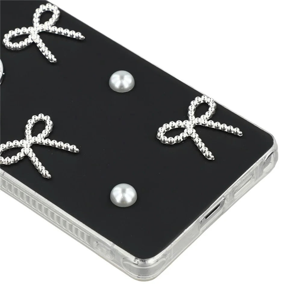 For Samsung Galaxy S23 Ultra Case Pearl Bow Decor PC + TPU IMD Phone Cover with Rhinestone Camera Ring - Classic Black - 5