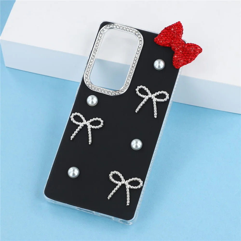For Samsung Galaxy S23 Ultra Case Pearl Bow Decor PC + TPU IMD Phone Cover with Rhinestone Camera Ring - Classic Black - 6