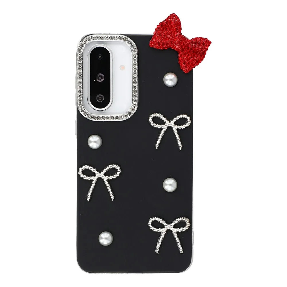 For Samsung Galaxy S25 FE Case Pearl Bow Decor PC + TPU IMD Phone Cover with Rhinestone Camera Ring - Classic Black - 1