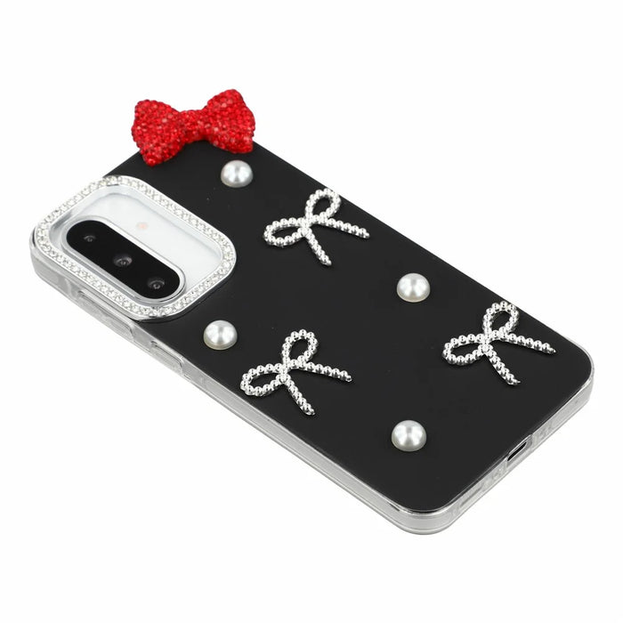 For Samsung Galaxy S25 FE Case Pearl Bow Decor PC + TPU IMD Phone Cover with Rhinestone Camera Ring - Classic Black - 3