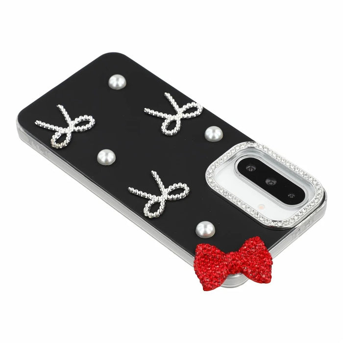 For Samsung Galaxy S25 FE Case Pearl Bow Decor PC + TPU IMD Phone Cover with Rhinestone Camera Ring - Classic Black - 4