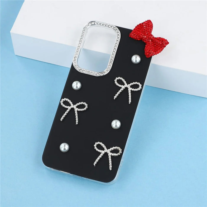 For Samsung Galaxy S25 FE Case Pearl Bow Decor PC + TPU IMD Phone Cover with Rhinestone Camera Ring - Classic Black - 6