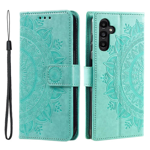 For Samsung Galaxy A54 5G Imprinted Mandala Flower Folding Stand Case PU Leather Wallet Magnetic Flip Phone Cover with Strap - Green - 1