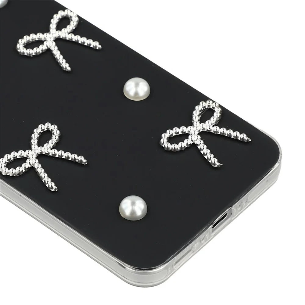 For Samsung Galaxy A16 5G / A16 4G Case Pearl Bow Decor PC + TPU IMD Phone Cover with Rhinestone Camera Ring - Classic Black - 5