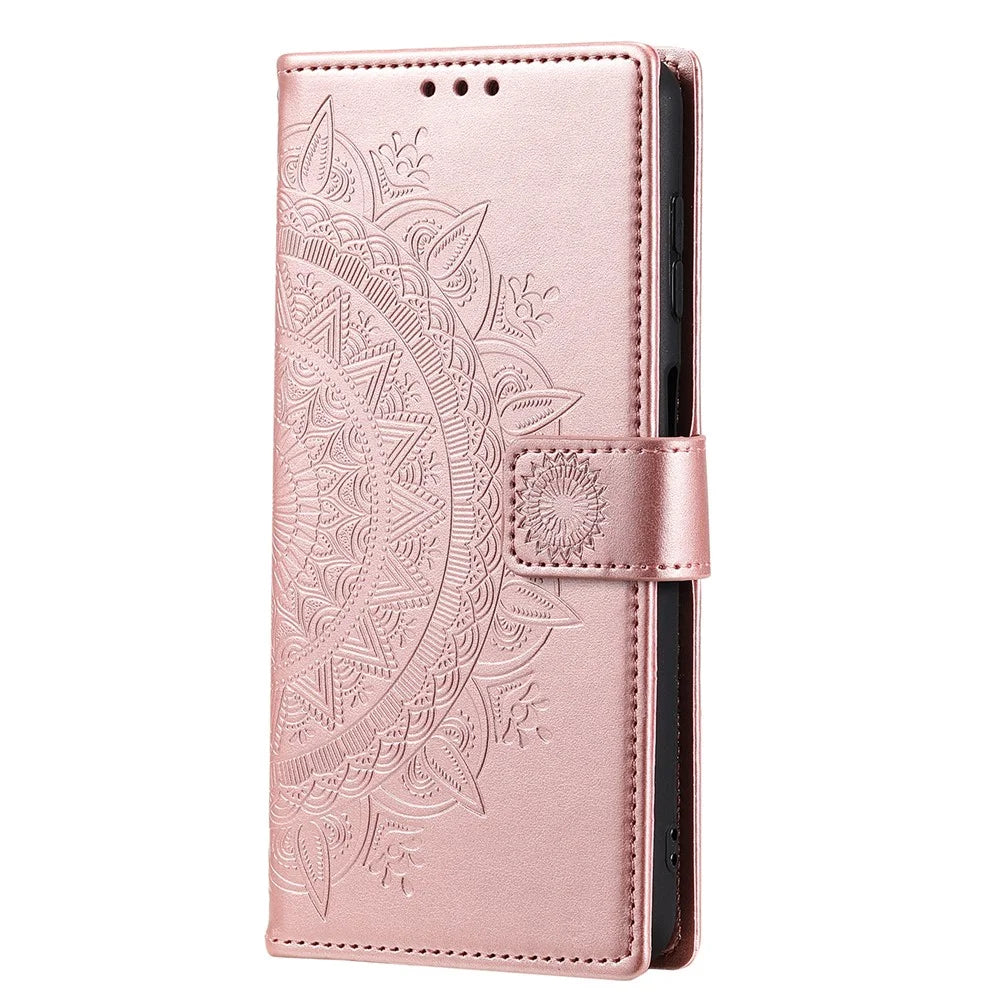 For Samsung Galaxy A34 5G Imprinted Mandala Flower PU Leather Shockproof Wallet Case Magnetic Closure Flip Stand Phone Cover with Strap - Rose Gold - 5