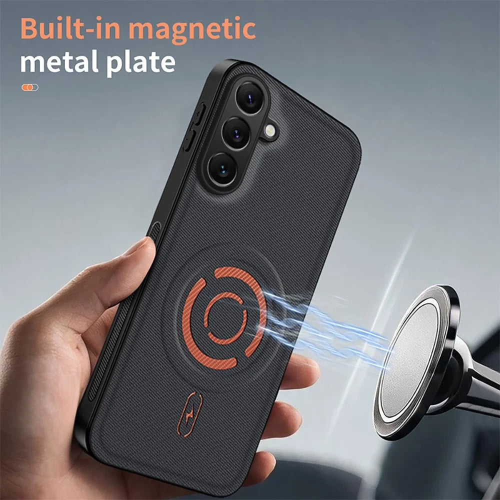 WANLONFENG KJB Series for Samsung Galaxy A57 5G Magnetic Case Tech Fabric Texture PC+TPU Shockproof Phone Cover - Black - 3