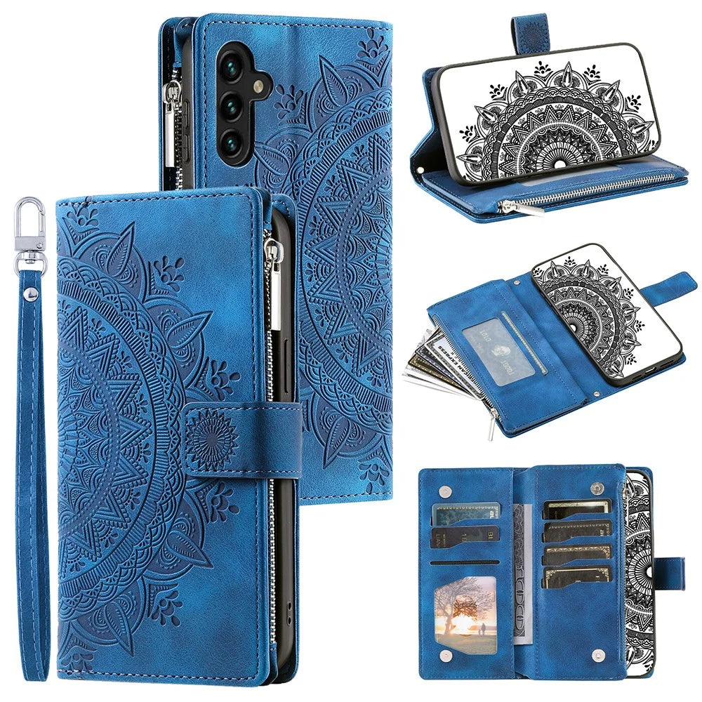For Samsung Galaxy A34 5G PU Leather Mandala Flower Imprinted Zipper Wallet Case Magnetic Closure Multiple Card Slots Stand Flip Phone Cover with Strap - Blue - 1